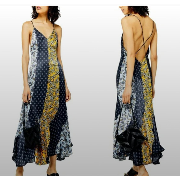 Topshop Godet Mixed Print Midi Bohemian Slip Floral Strappy Dress Size 6 - Picture 1 of 9